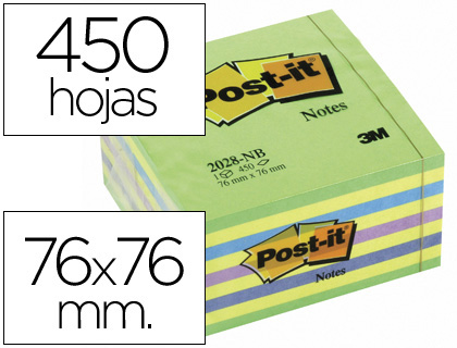 Bloc cubo de 450 notas adhesivas quita y pon Post-it 76x76mm. azul y verde neón